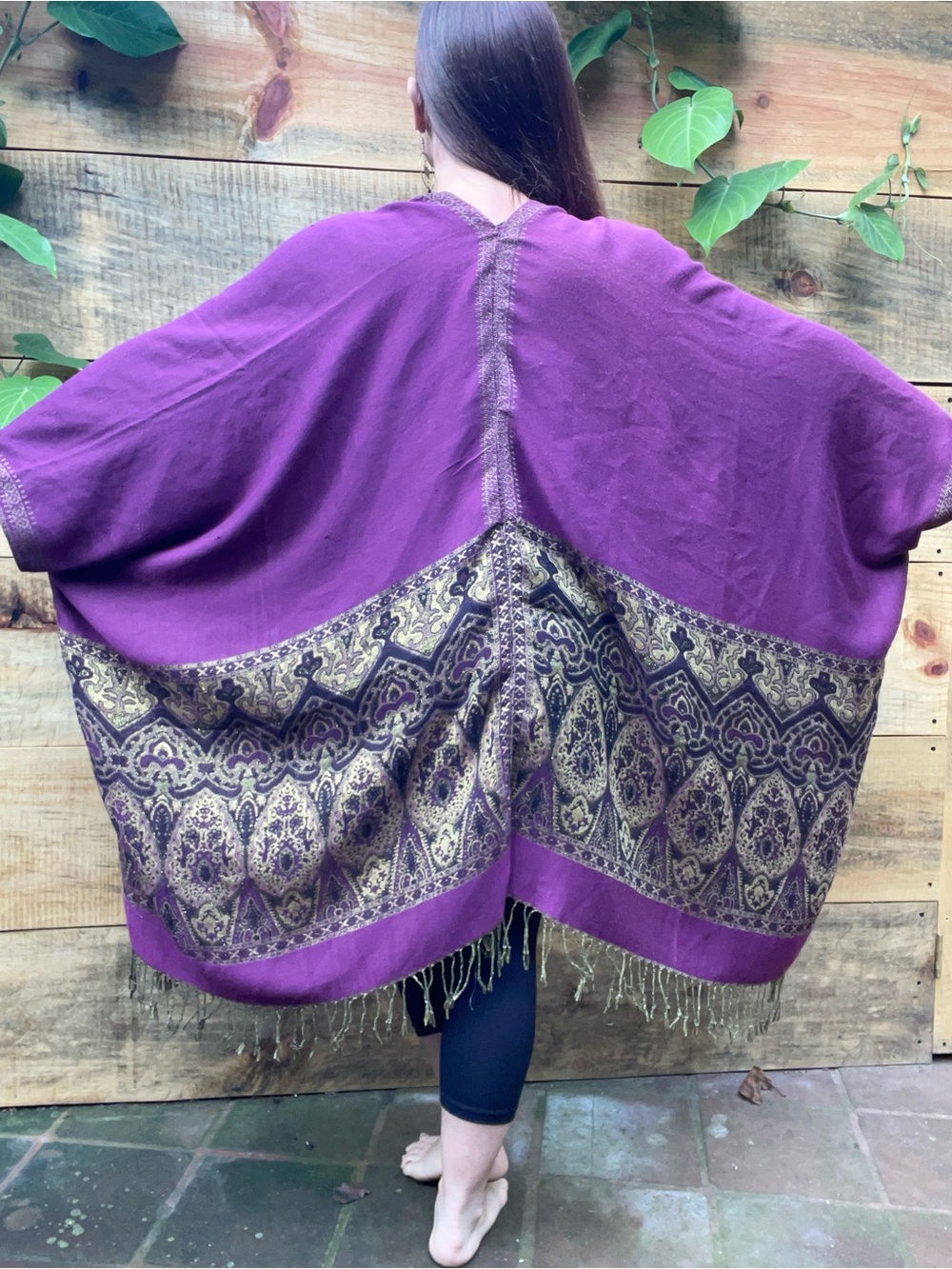 Guatemalan Purple Boho Shawl Coat with Gold Paisley Trim